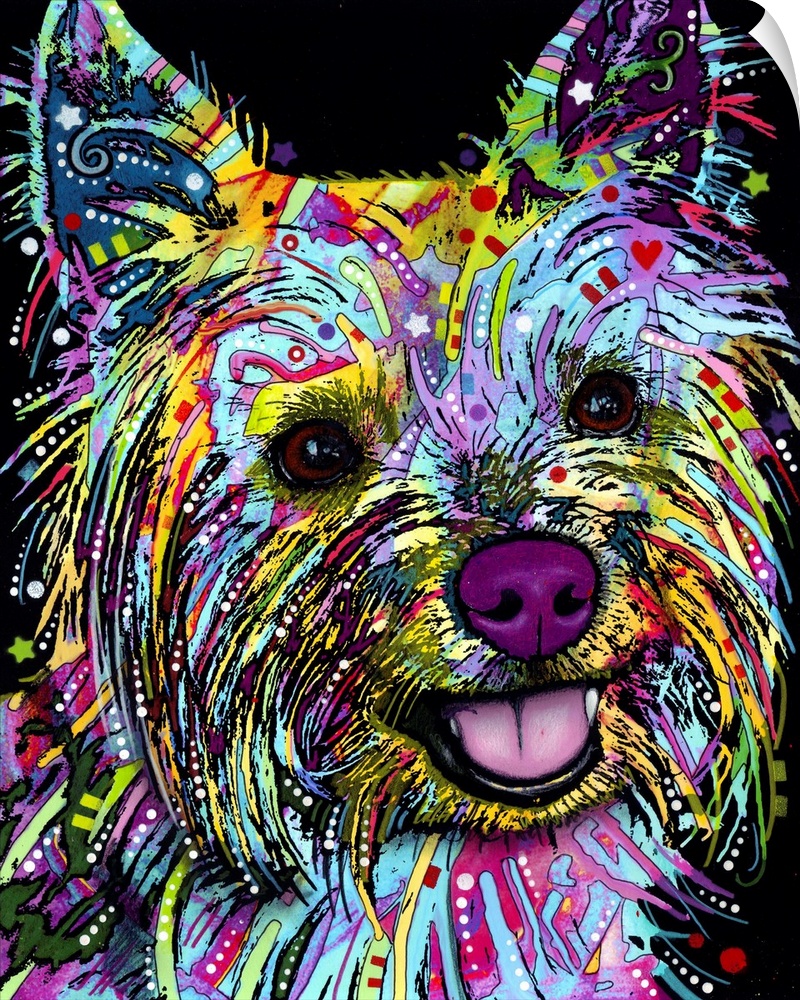 Colorful painting of a Yorkie with graffiti-like designs all over on a black background.