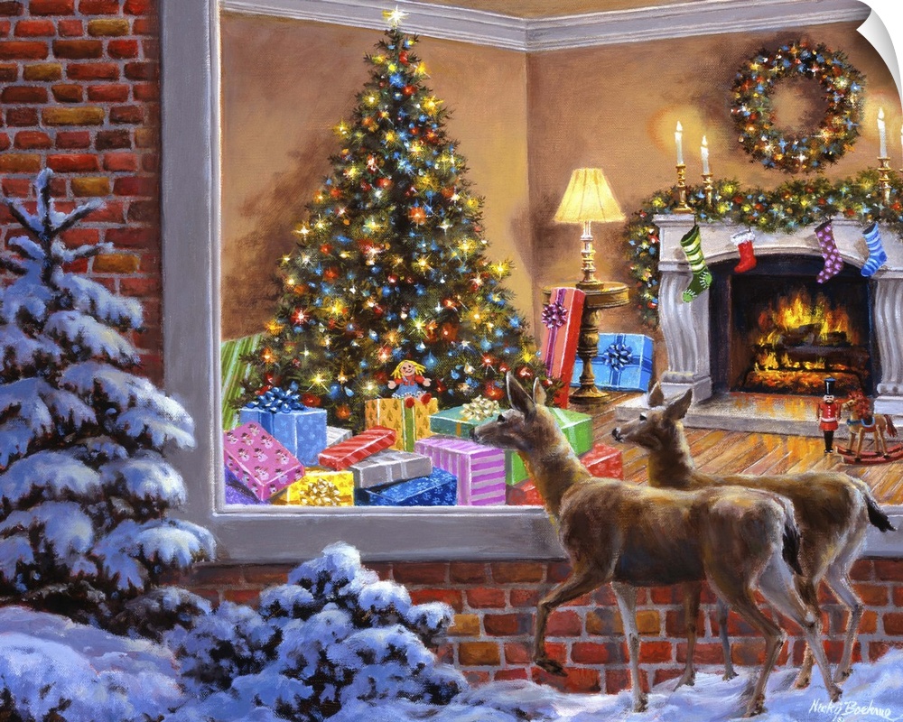 Painting of an indoor scene featuring a large Christmas tree. Product is a painting reproduction only, and does not contai...