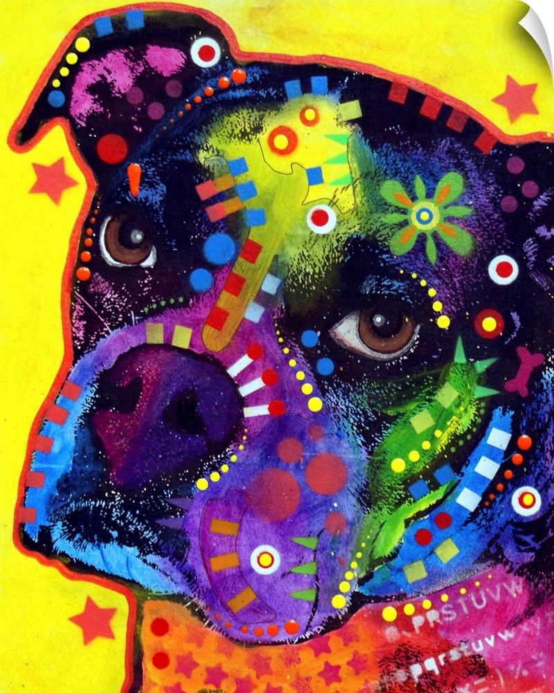 Contemporary stencil painting of a boxer filled with various colors and patterns.