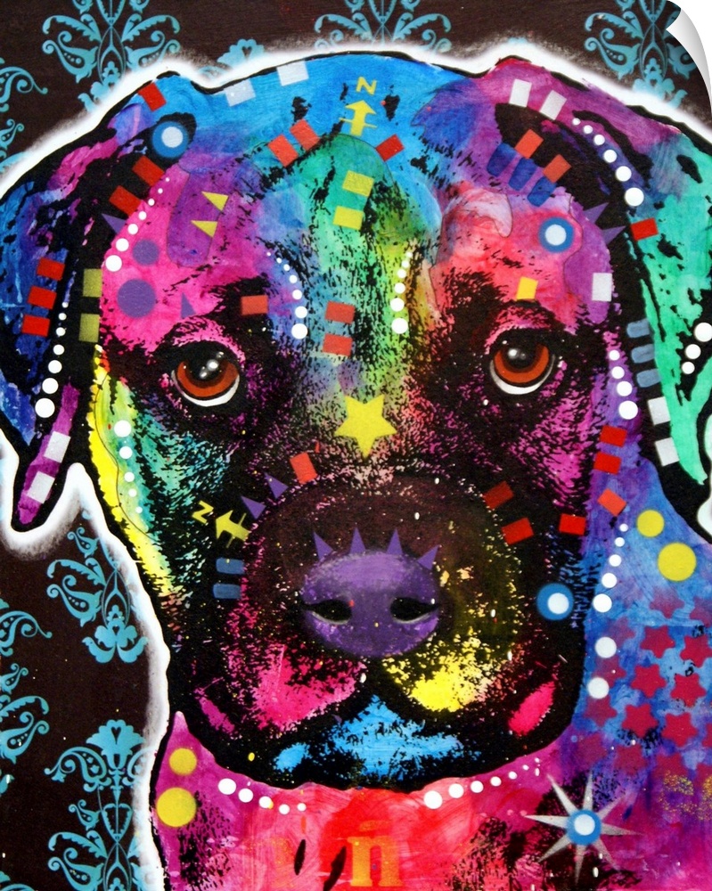 Contemporary stencil painting of a bullmastiff filled with various colors and patterns.