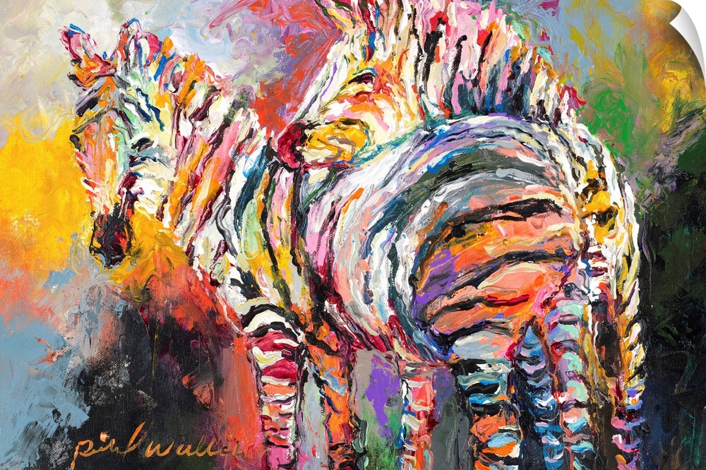 Abstract painting of two colorful zebras leaning on each other.