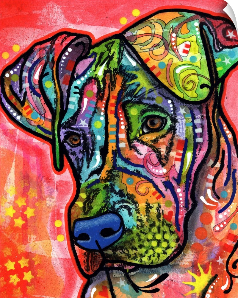 Contemporary art with a colorful dog covered in unique designs.