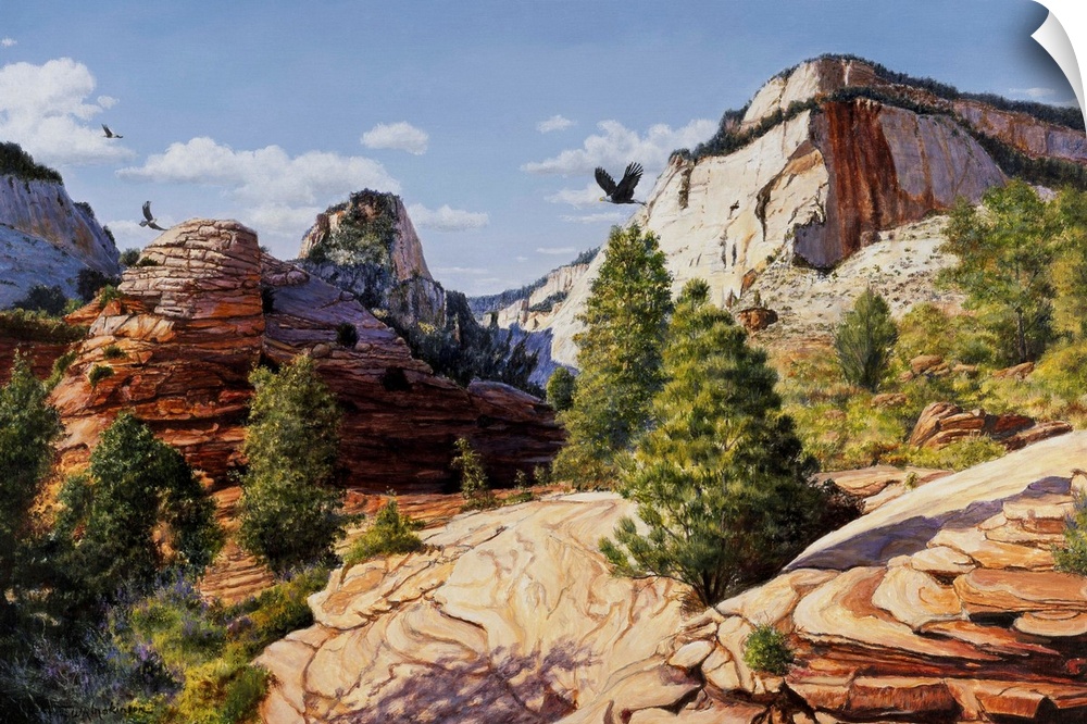 Contemporary painting of a rocky desert landscape.