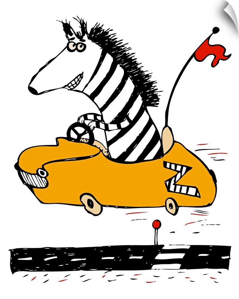 zebra, car, race, red flag,