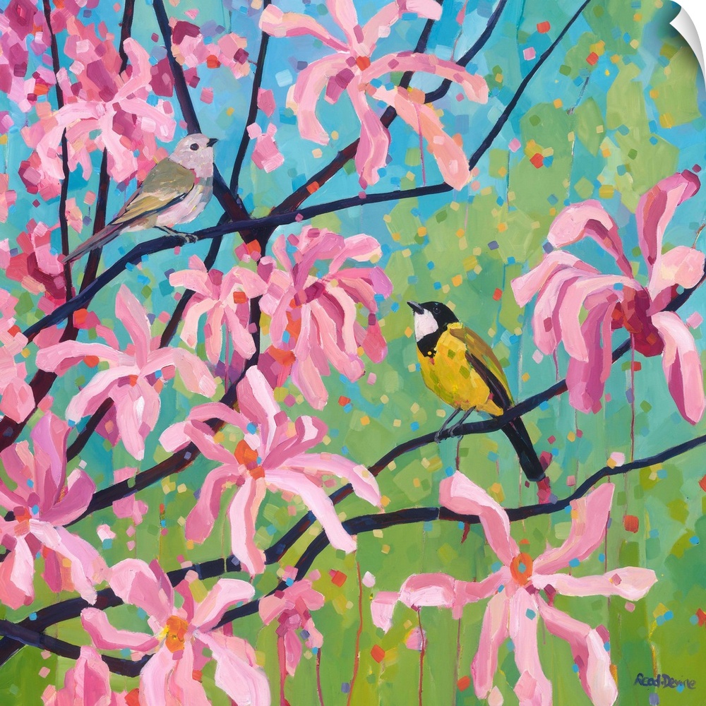 Male and female birds sitting in branches of pink and white magnolia tree, painted with eye catching brushstrokes in a con...