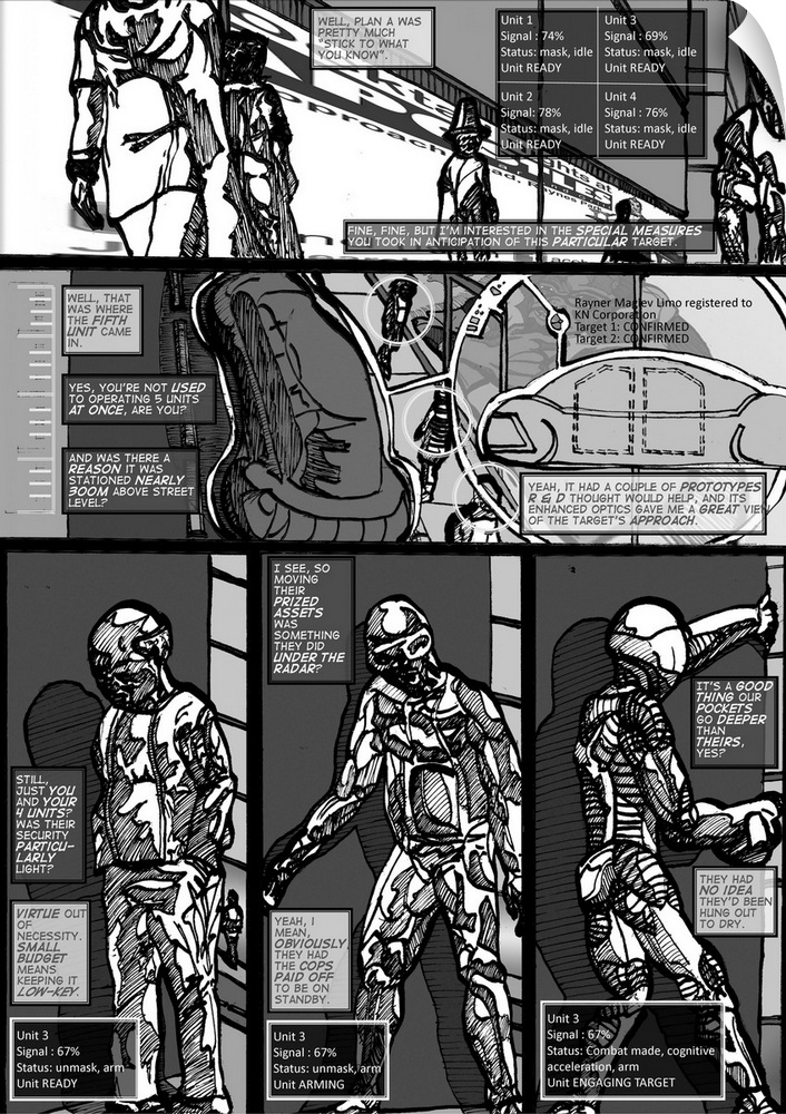 Cyberpunk comic page with robots in a futuristic urban setting.