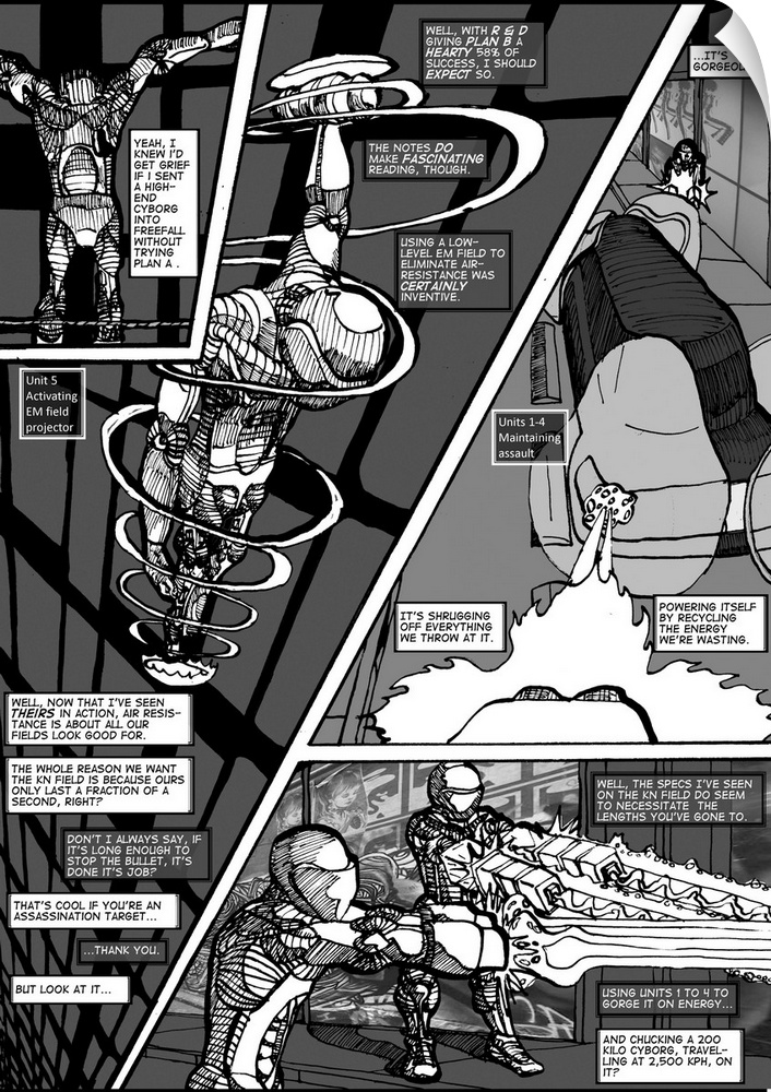 Cyberpunk comic page with robots in a futuristic urban setting.