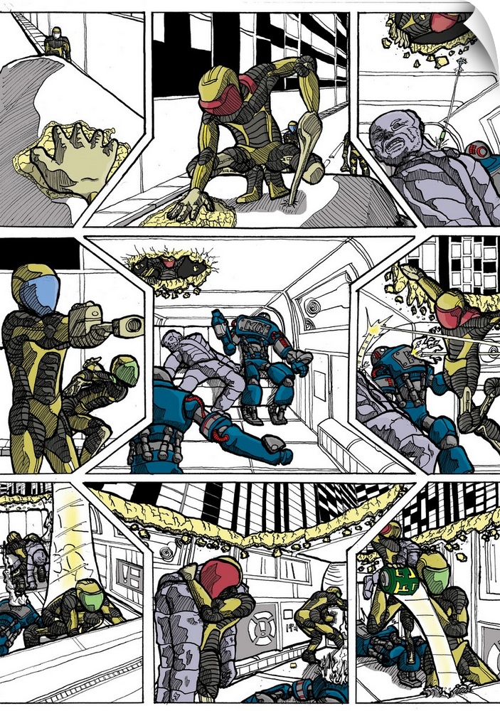 Color version of cyberpunk comic page with robots in a futuristic urban setting.