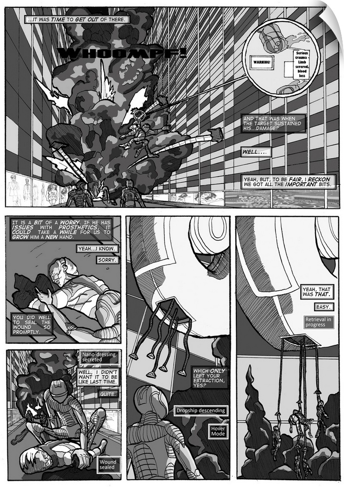 Cyberpunk comic page with robots in a futuristic urban setting.