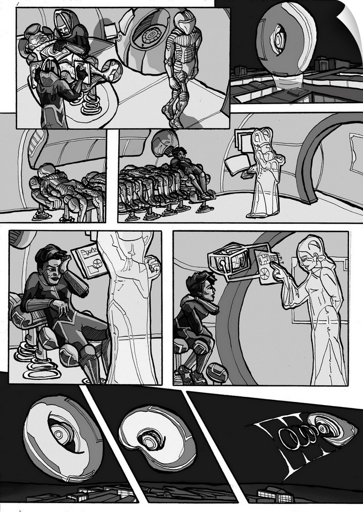 Cyberpunk comic page with robots in a futuristic urban setting.