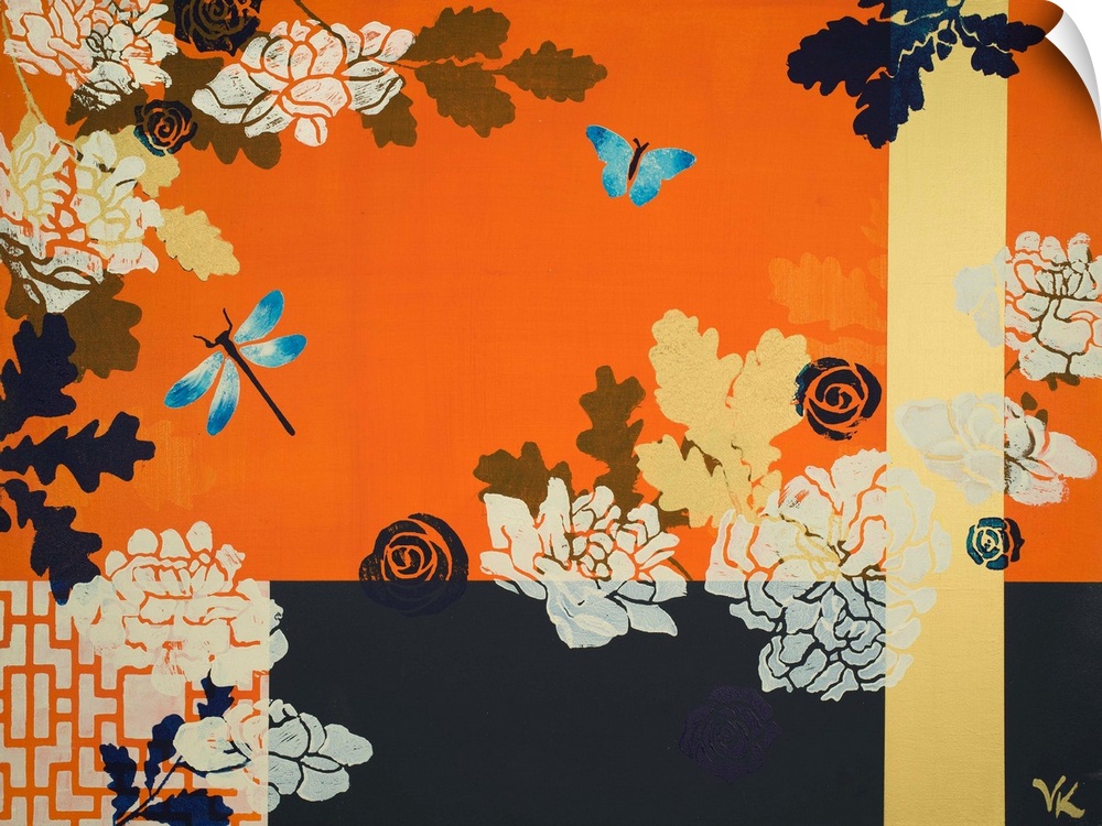 Painting of dragonfly and butterfly in peony garden with ivory and navy screen and tangerine background.