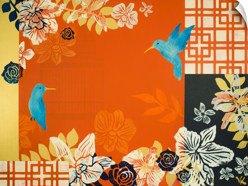 Painting of two bluebirds a garden of orchids with orange background and screens.
