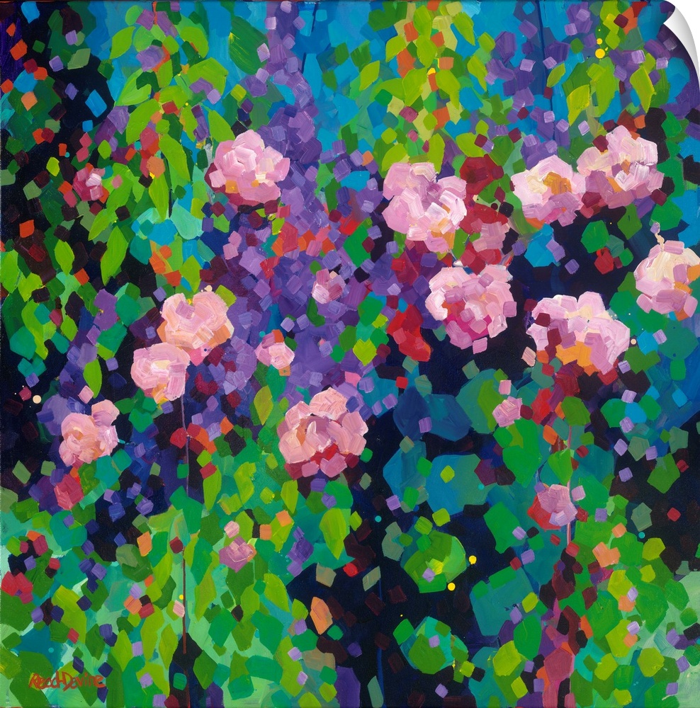 Contemporary kaleidoscope like painting of pink roses and purple flowers.