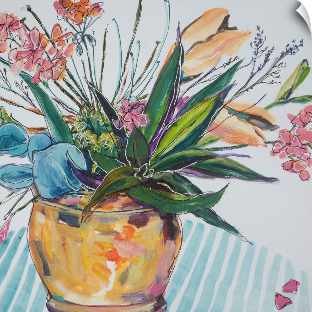 Pen and wash illustration of a bright, cheerful, bowl of flowers on striped cloth.