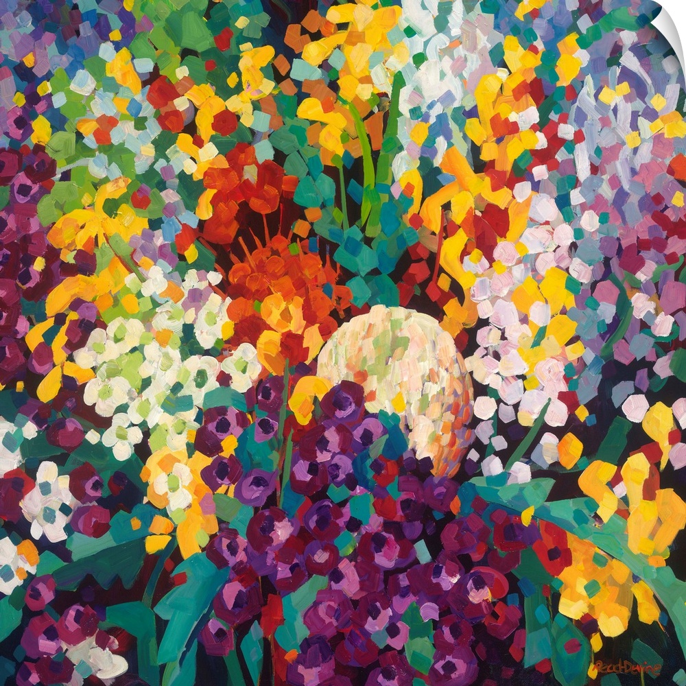 Contemporary painting of flowers in a floral arrangement using square brushstrokes of many colors.