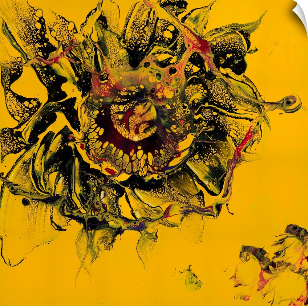 Pour painting of an abstract flower with half-transparent smudges of paint as petals on a bright yellow background.