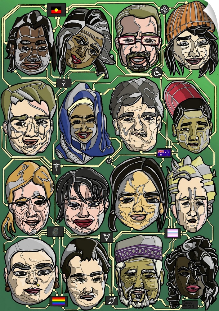 Illustration of robotic faces connected as components on a circuit board.