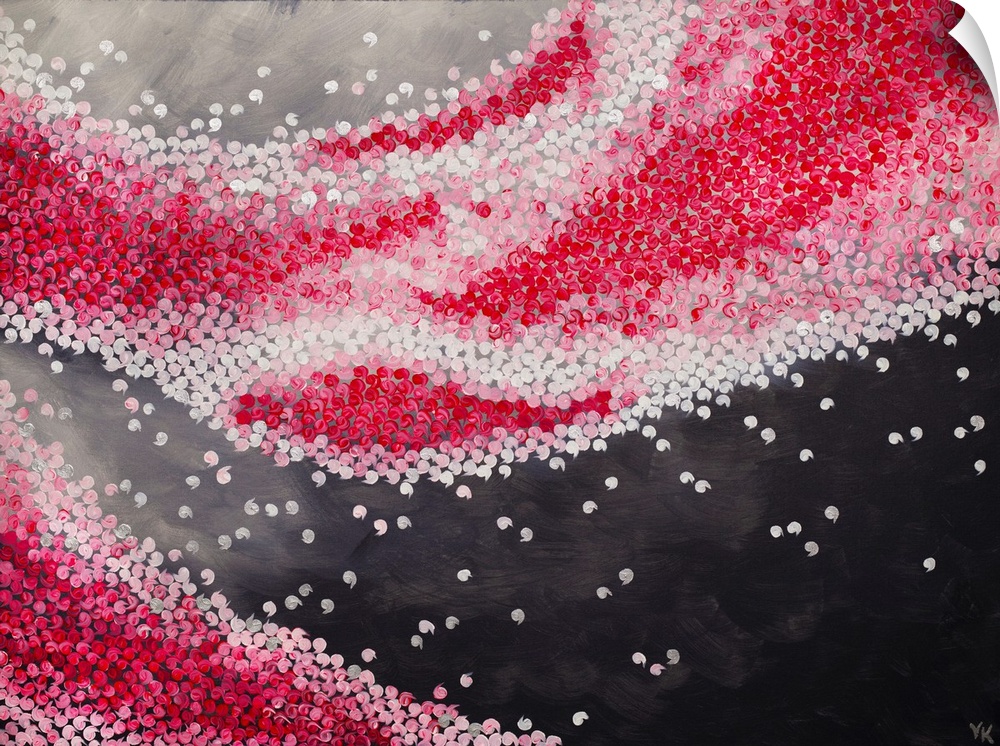 Painting of pink, white and silver flying apostrophes on navy background.