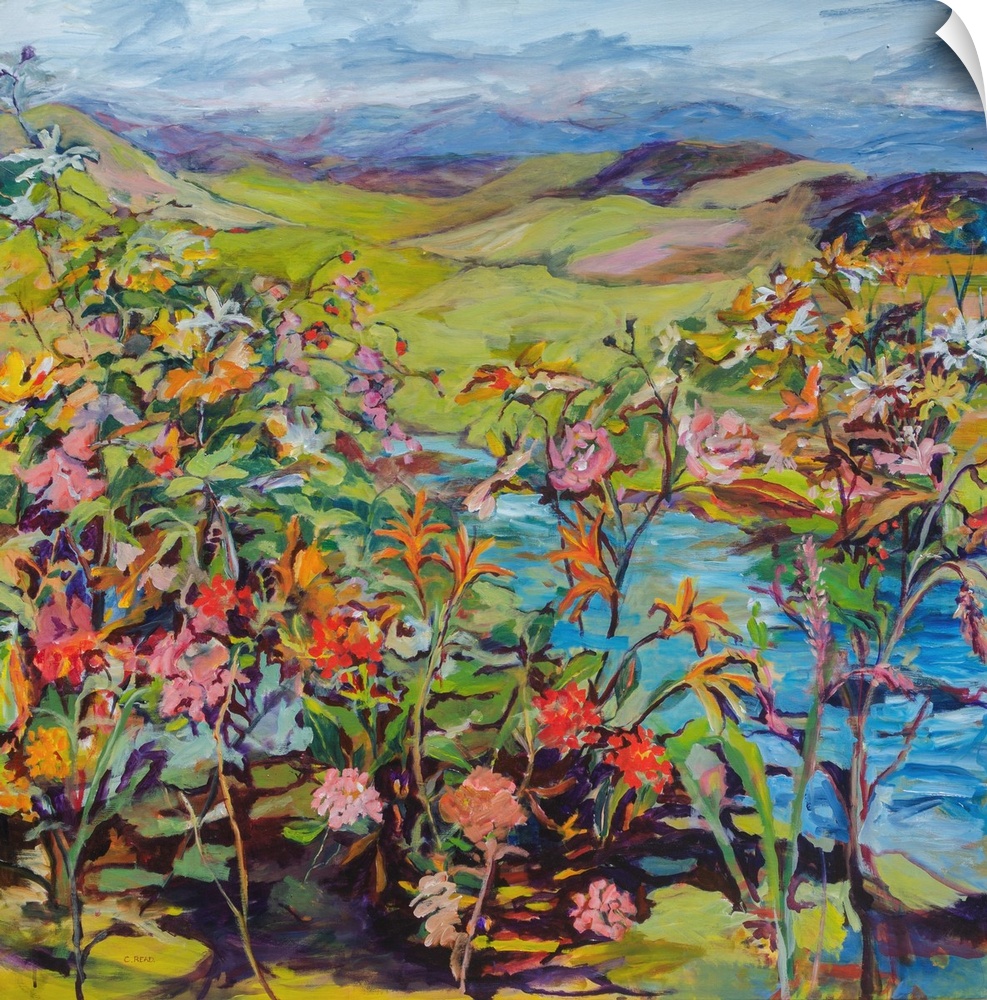 Contemporary impressionist painting with colorful flowers and fruit in a landscape.