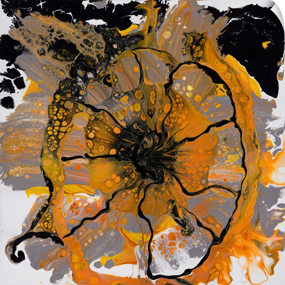 Pour painting of a cowslip flower in orange and black colors on a background of primarily gray.