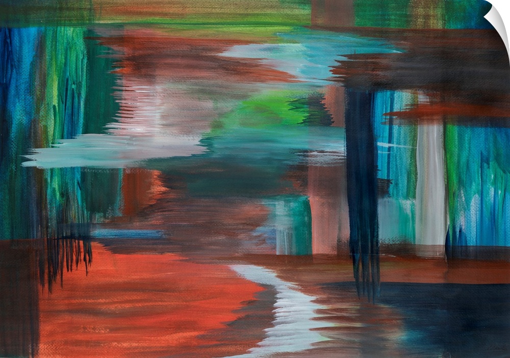 Painting on paper of two vivid landscapes merging.