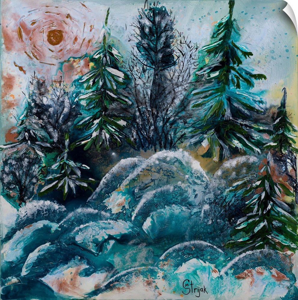 Painting of the evergreen pine trees in a snow-covered forest, gleaming in the sunlight with emerald colors.