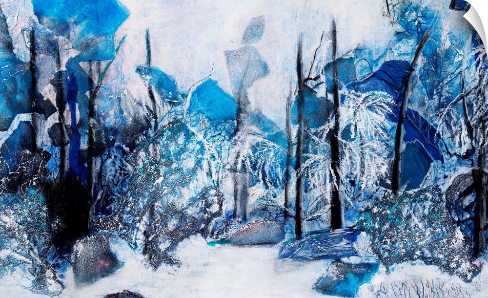 Painting of a winter landscape with the naked trees lurking in blue shadows amidst the heaps of snow shimmering with silver.