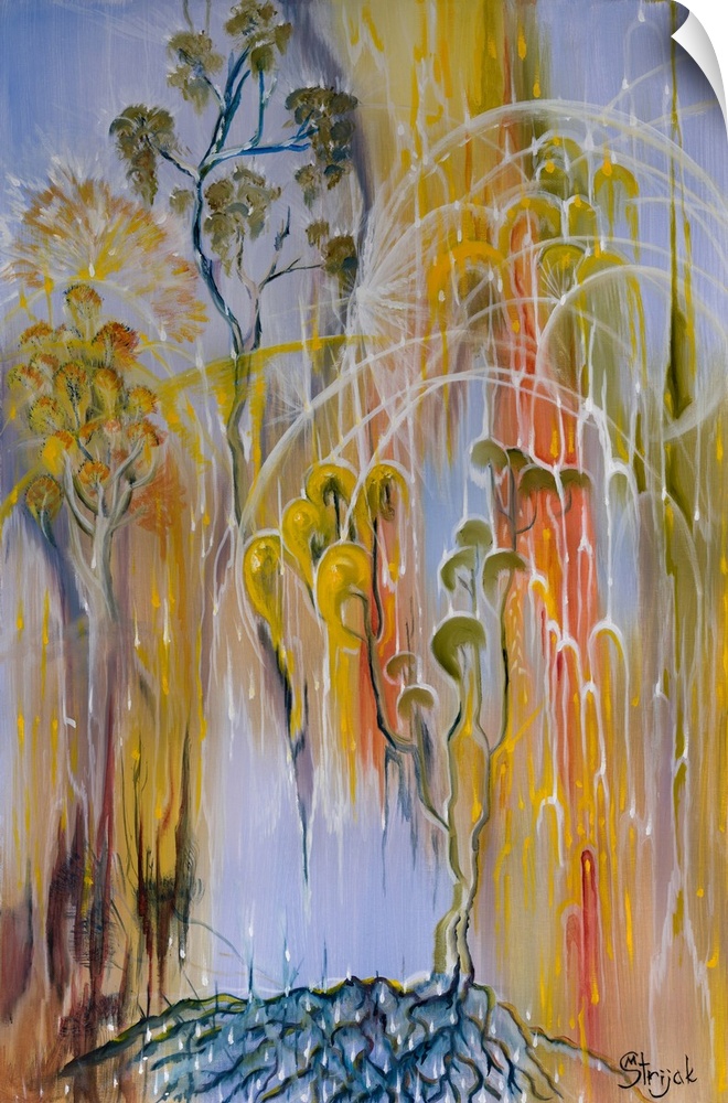 Abstract painting of the magical landscape with the fireflies dancing in the woods among the waning light of the dusk.
