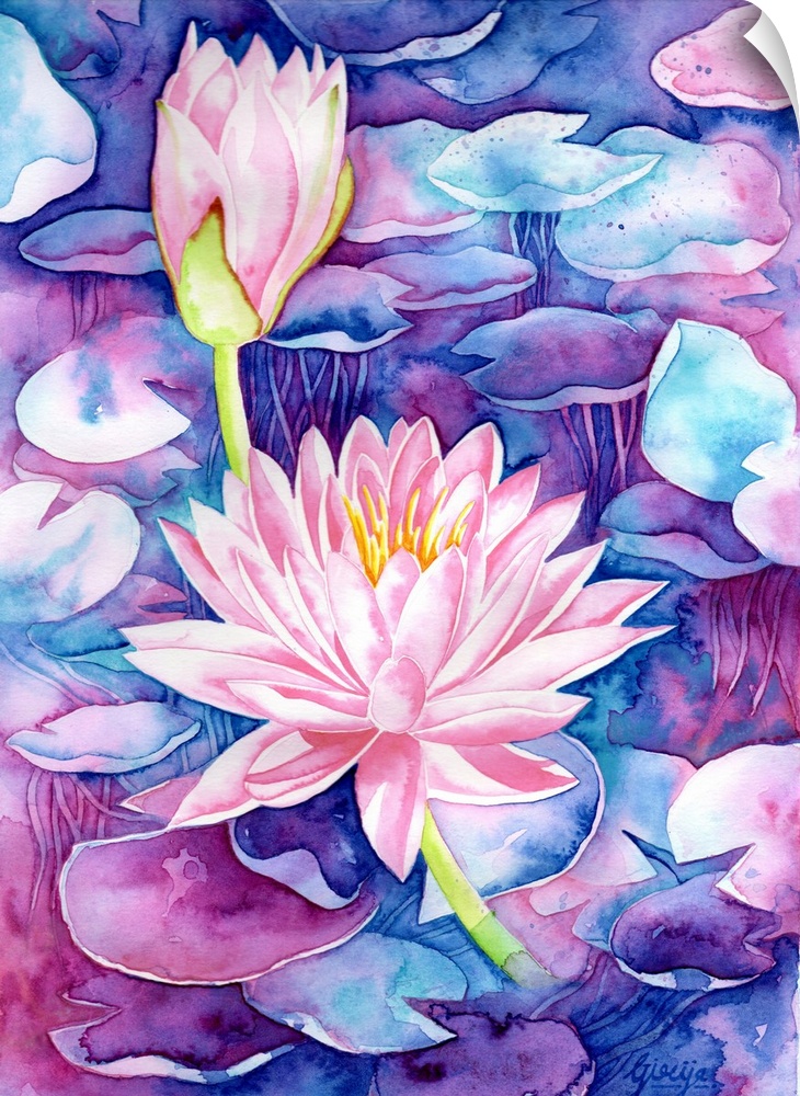 A bright pink water lily is floating on a dreamy blue and velvety purple water, painted in watercolor on paper.