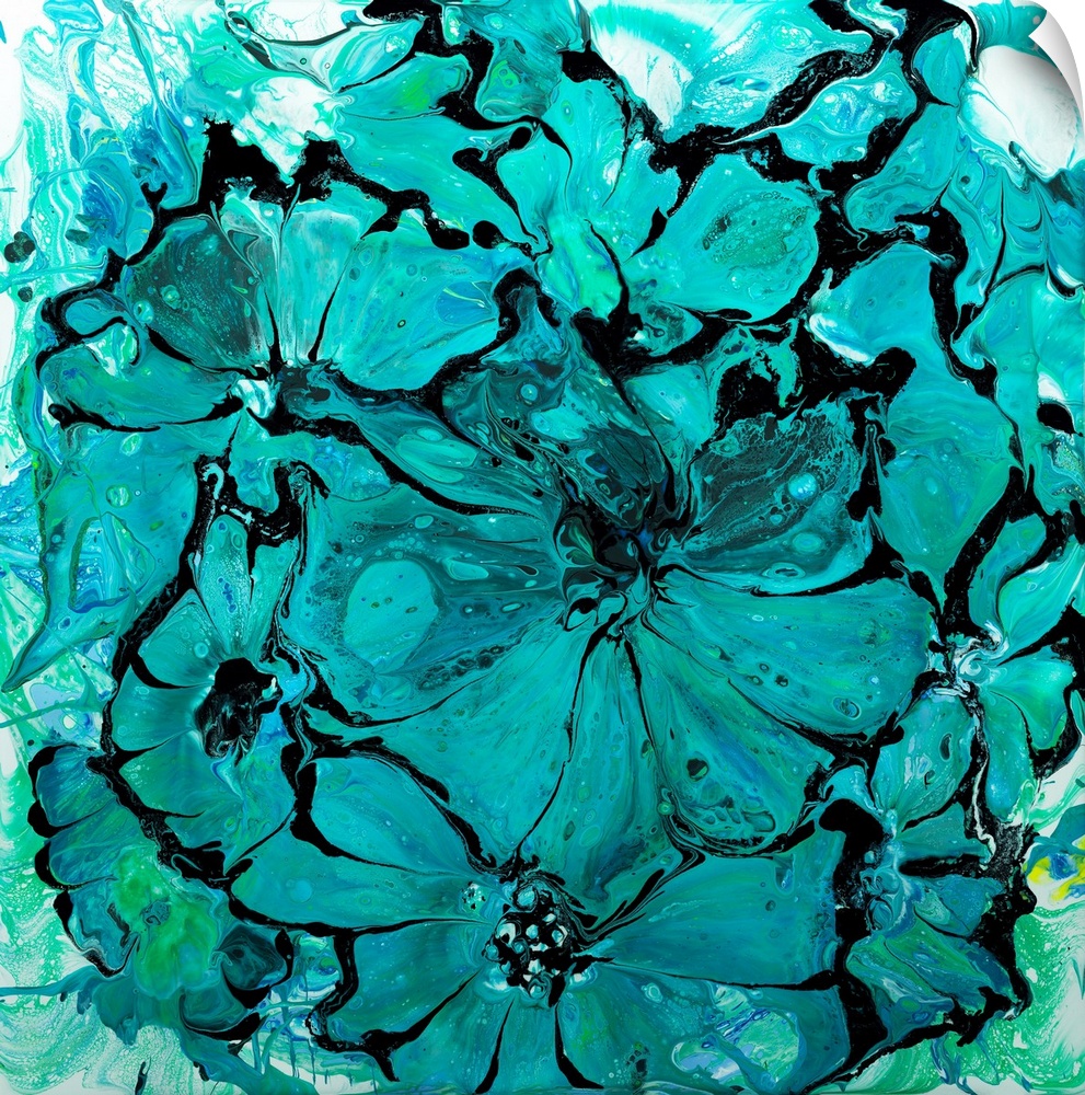 Pour painting of flowers in bright turquoise colors with flowing patterns.