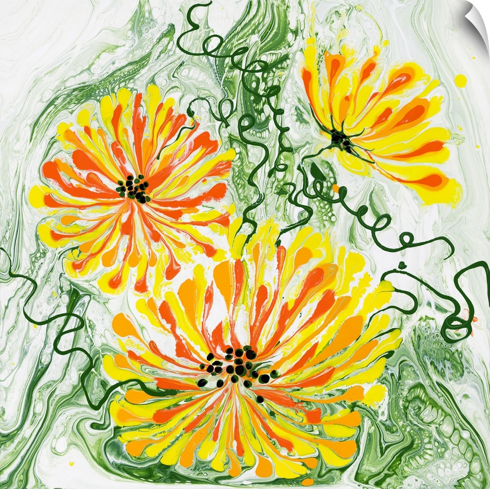 Pour painting of a fresh meadow makes full use of the technique: there are flows of colorful petals, pours of curly grass ...