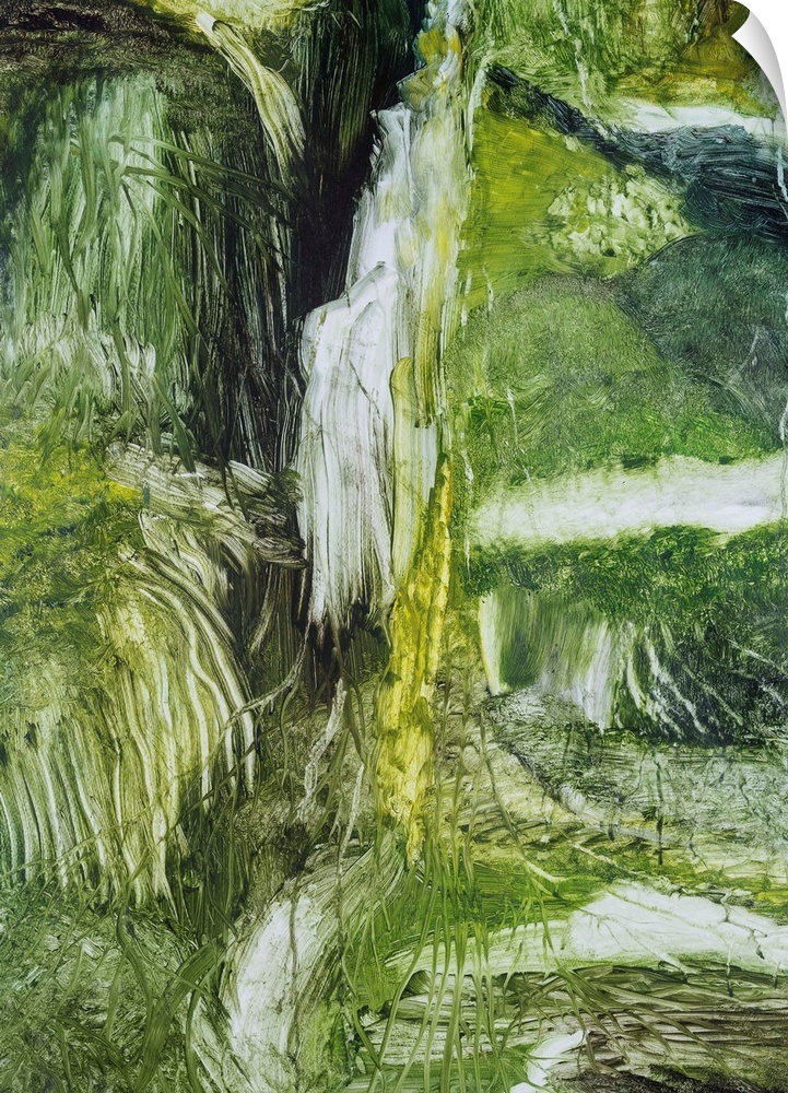 Painting on paper of a cascading waterfall in the forest.