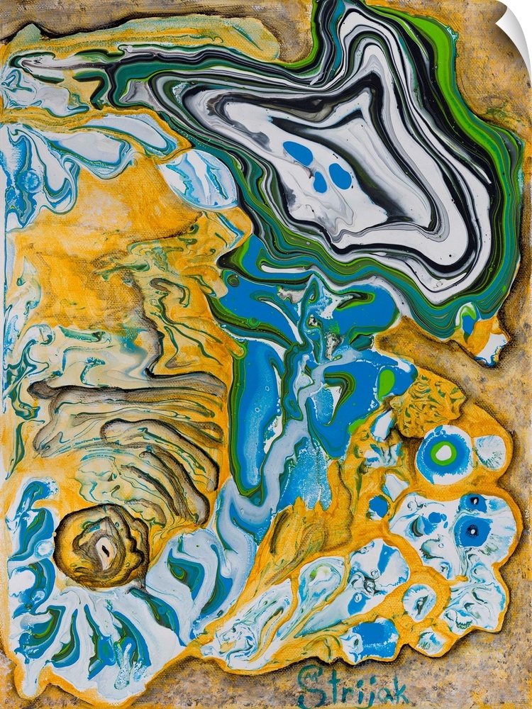 Pour painting of a fossil using bright colors to depict the cemented remains, skulls and skeletons in a surrealist-like ma...