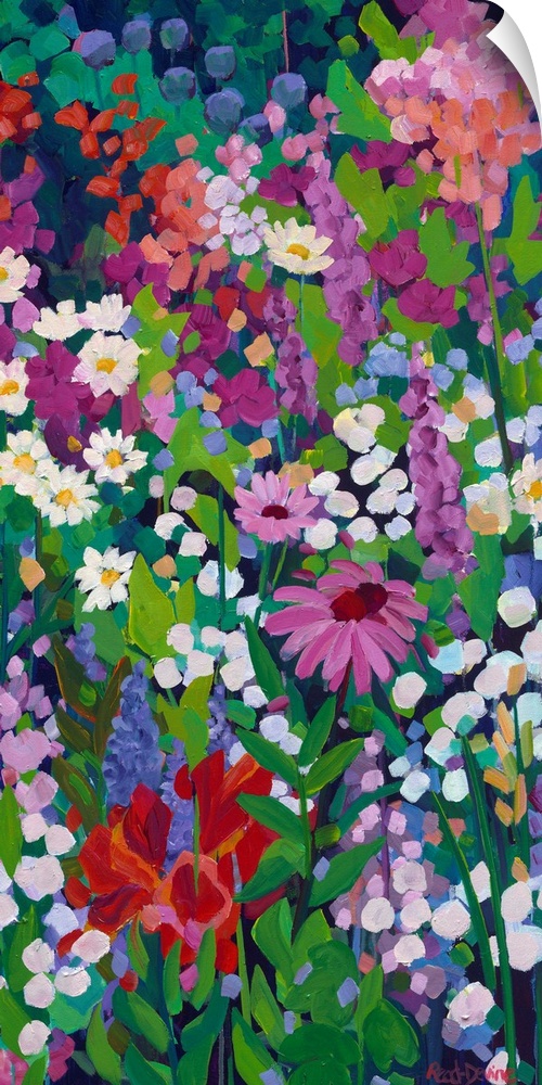 Tall narrow painting of flowers in a garden with daisies, a pink coneflower and multicolored blooms.