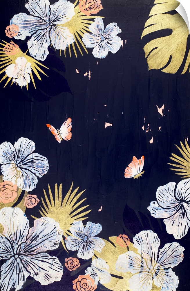 Painting of two tangerine butterflies in garden of hibiscus with navy background.