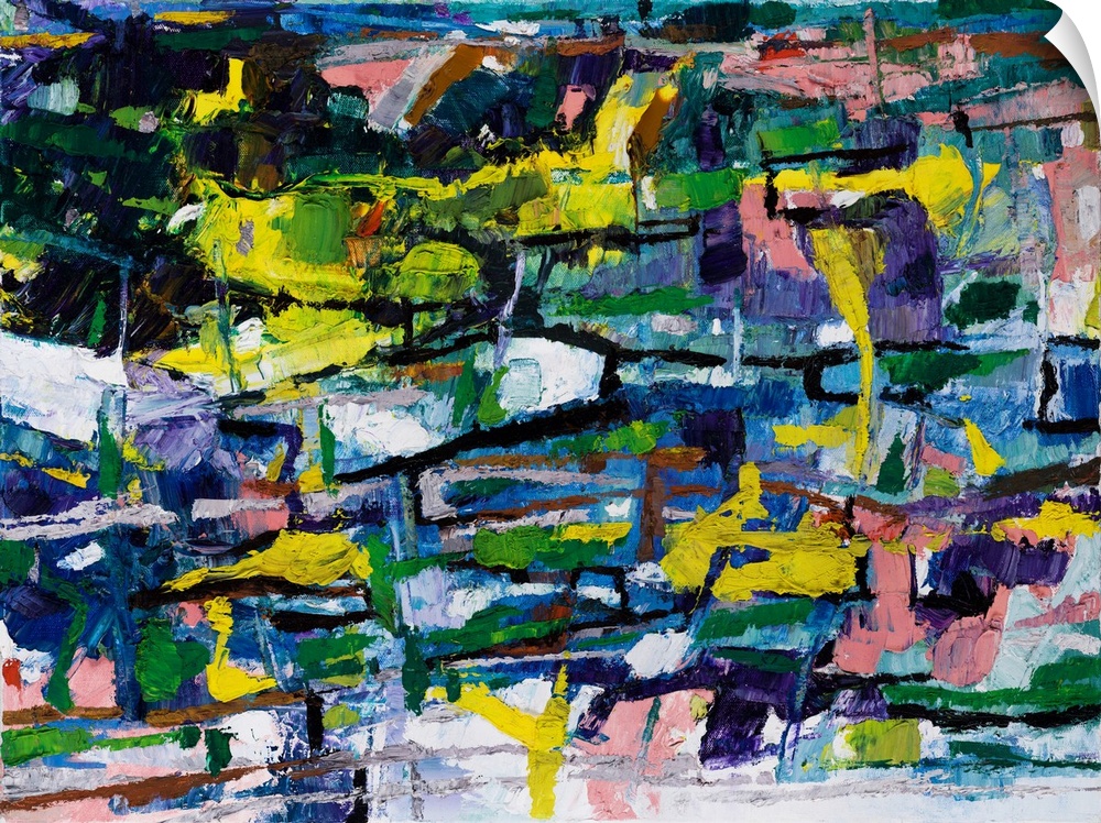 An abstract painting of a play of tonal variations and forms coupled voids.
