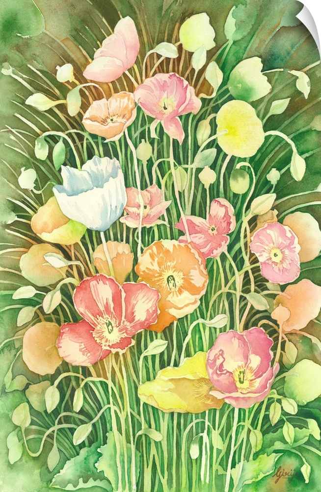 Colorfully created the bunch of poppy flowers on the fresh green background in watercolor on paper.