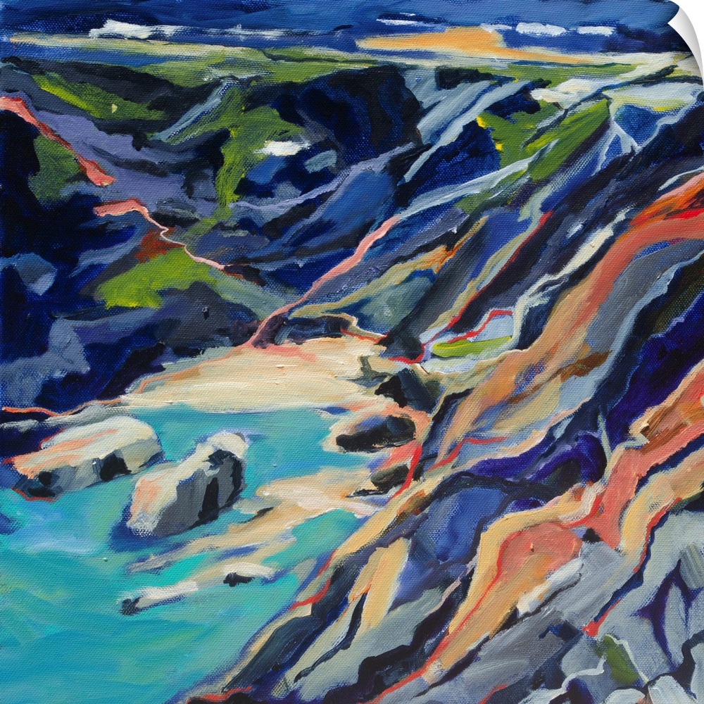 A ontemporary scene of a rocky beach cove from above with turquoise and deep blues.