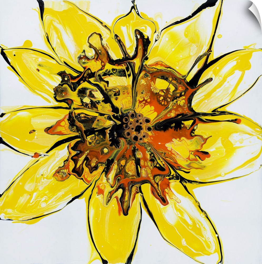 Pour painting of a flower with hot lava at its core, spilling orange and black colors onto the light yellow petals.
