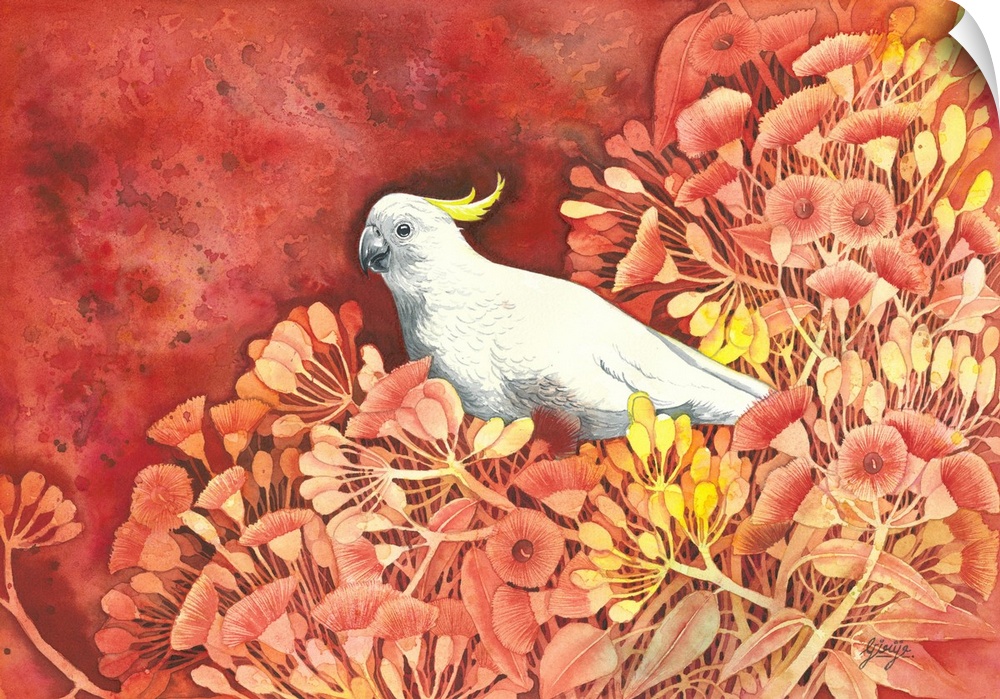 A smart cockatoo bird painted on the red hot floral background in watercolor on paper.