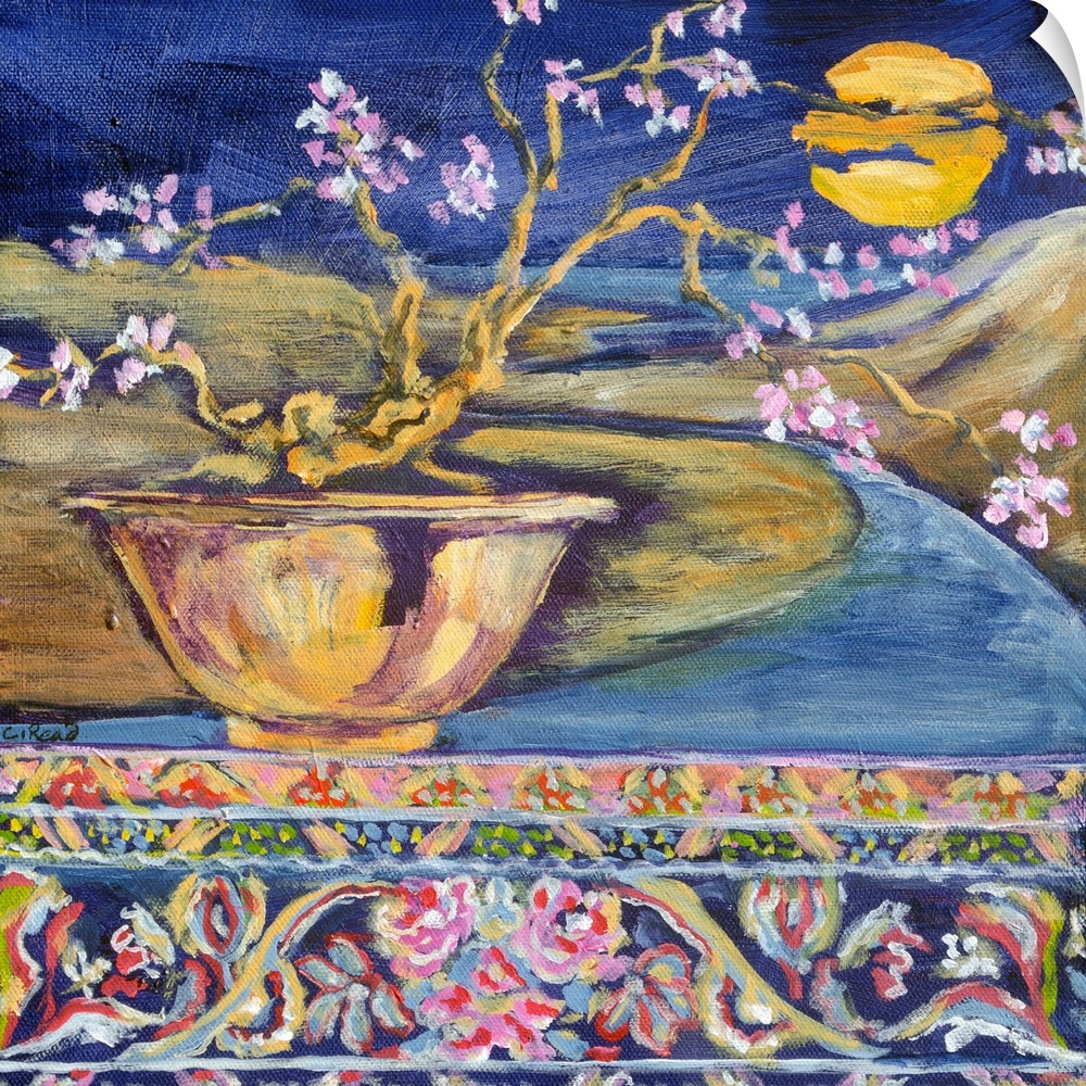 Japanese inspired landscape with view of moon, a river with bonsai in bowl, and a Persian carpet pattern.