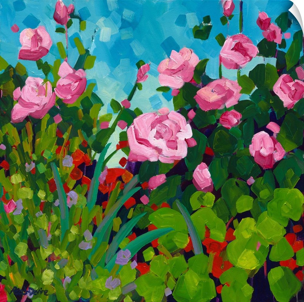 Pink roses and red flowering geranium painting in front of a blue sky.