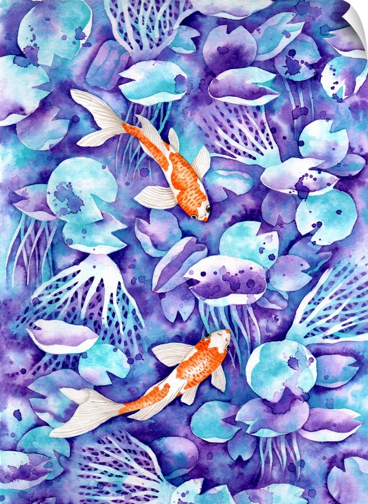 Two little orange koi fish are painted on watery blue and purple background in watercolor on paper.