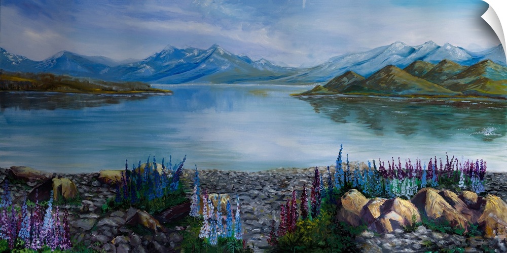Painting of the lupin fields around lake Tekapo, famous for its pristine beaches, picturesque mountains, and stunning flow...