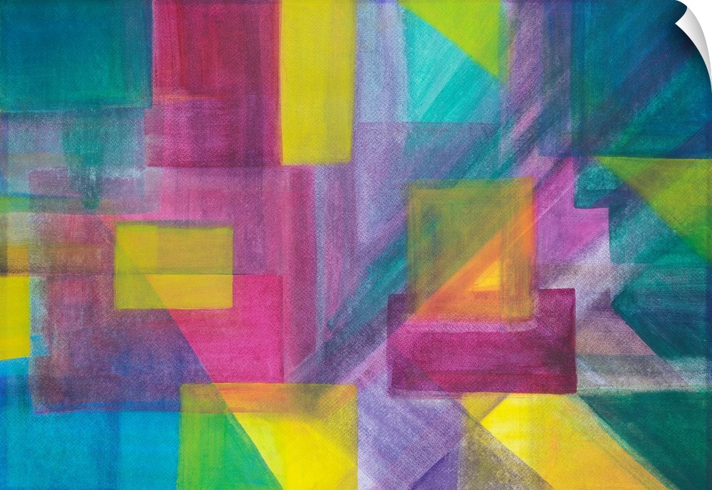 Painting on paper of geometric shapes harmonizing in vibrant tones.