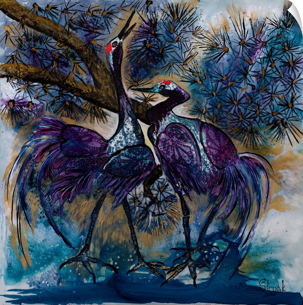Painting of two birds in the middle of a courtship ritual using the Chinese brush stroke technique with added color and te...