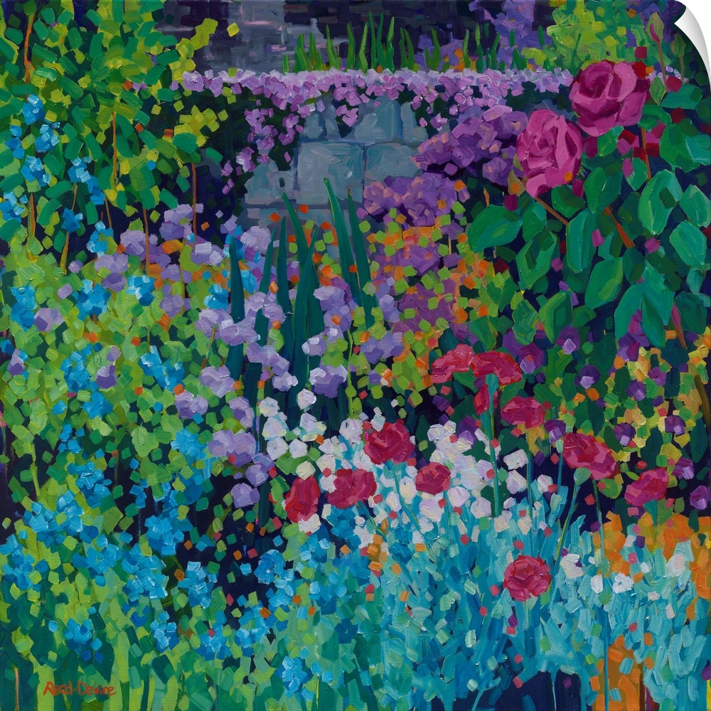 Colorful collection of flowers and foliage inside a walled garden painted with many small brushstrokes.