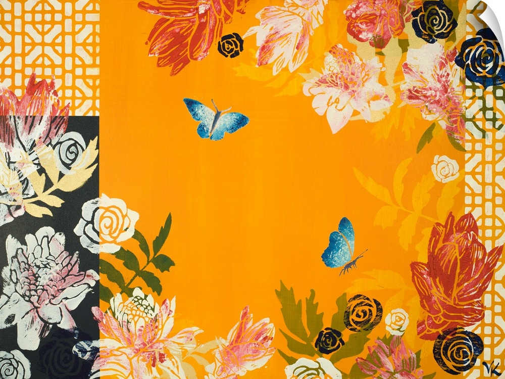 Painting of two butterflies in garden of ginger flowers with yellow background and navy and yellow screens.