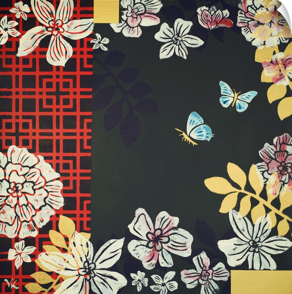 Painting of two butterflies flying in garden of peonies with nacvy background and red screen.