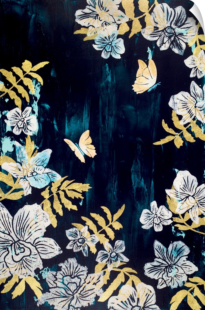 Painting of two butterflies in garden of orchids with dark teal background.